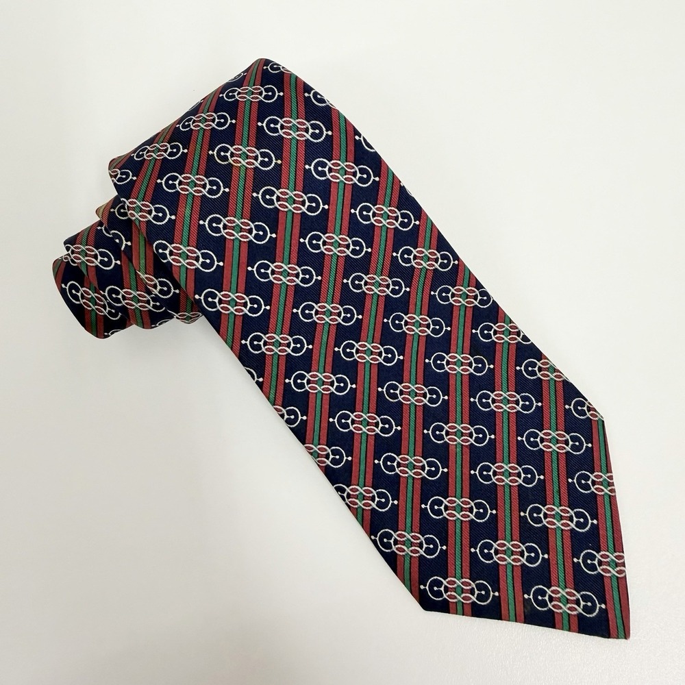 Hermes Men's Tie Chain Link Nautical Striped Navy/Red/Green 984 SA Silk 3" x 55" - Picture 4 of 9